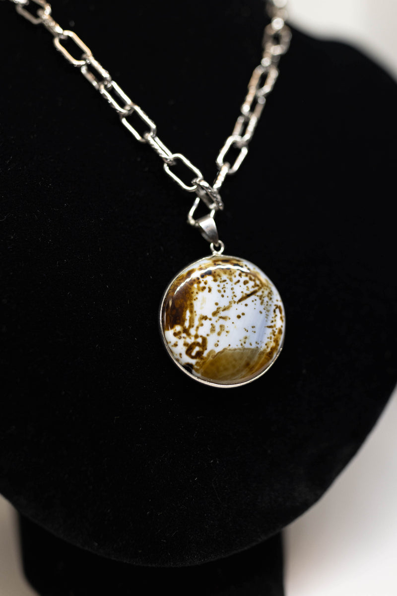 Brown and White Cow Print Round Agate Long Necklace on Silver Chain