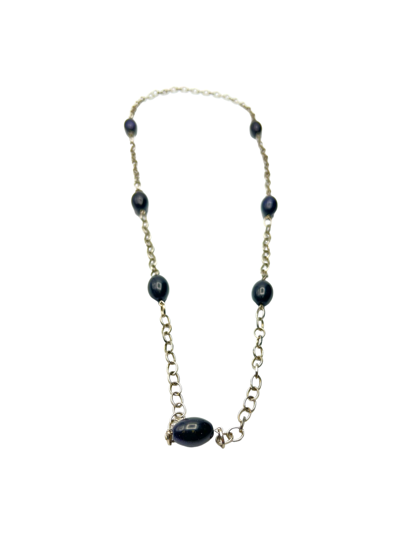 Long Blue Goldstone Necklace on Silver Chain