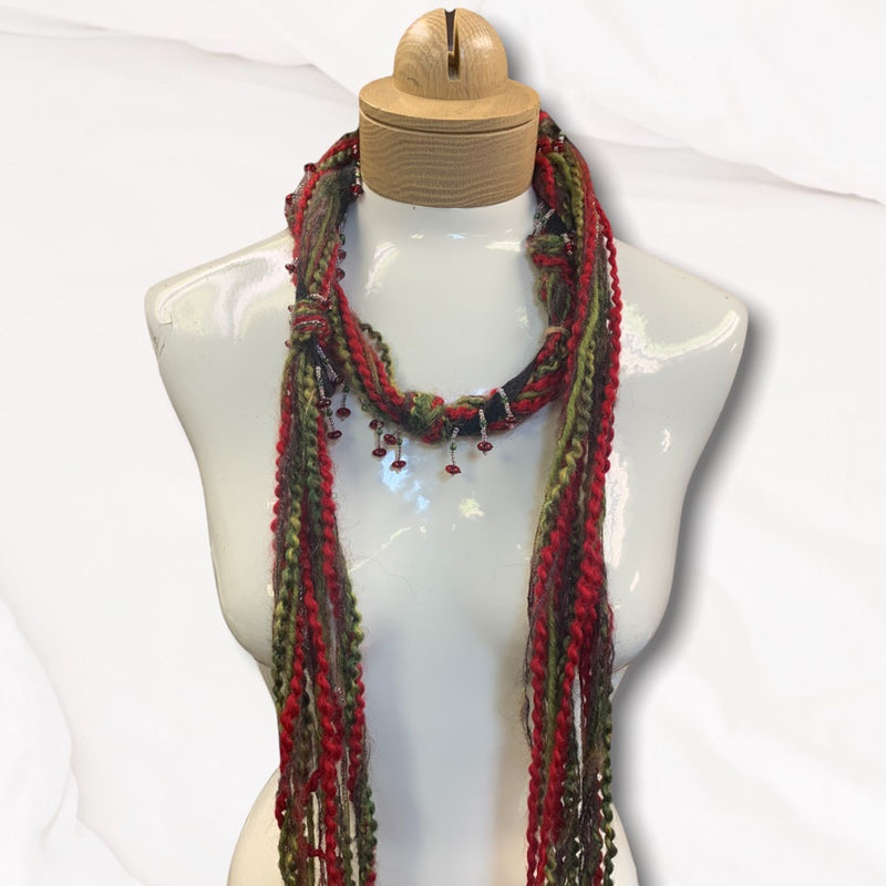 Boho Beaded Lightweight Mohair Scarf Necklace - Green and Red