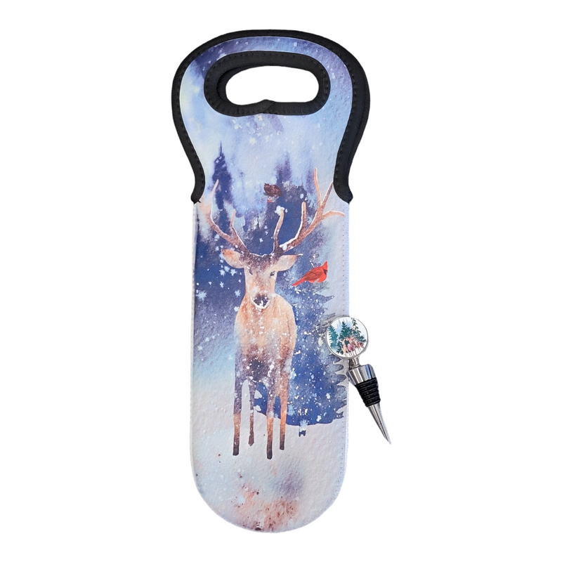 Christmas Deer Wildlife Wine Bag and Wine Stopper Set