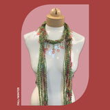 Boho Beaded Lightweight Mohair Scarf Necklace - Pink and Green w/Pink Hearts
