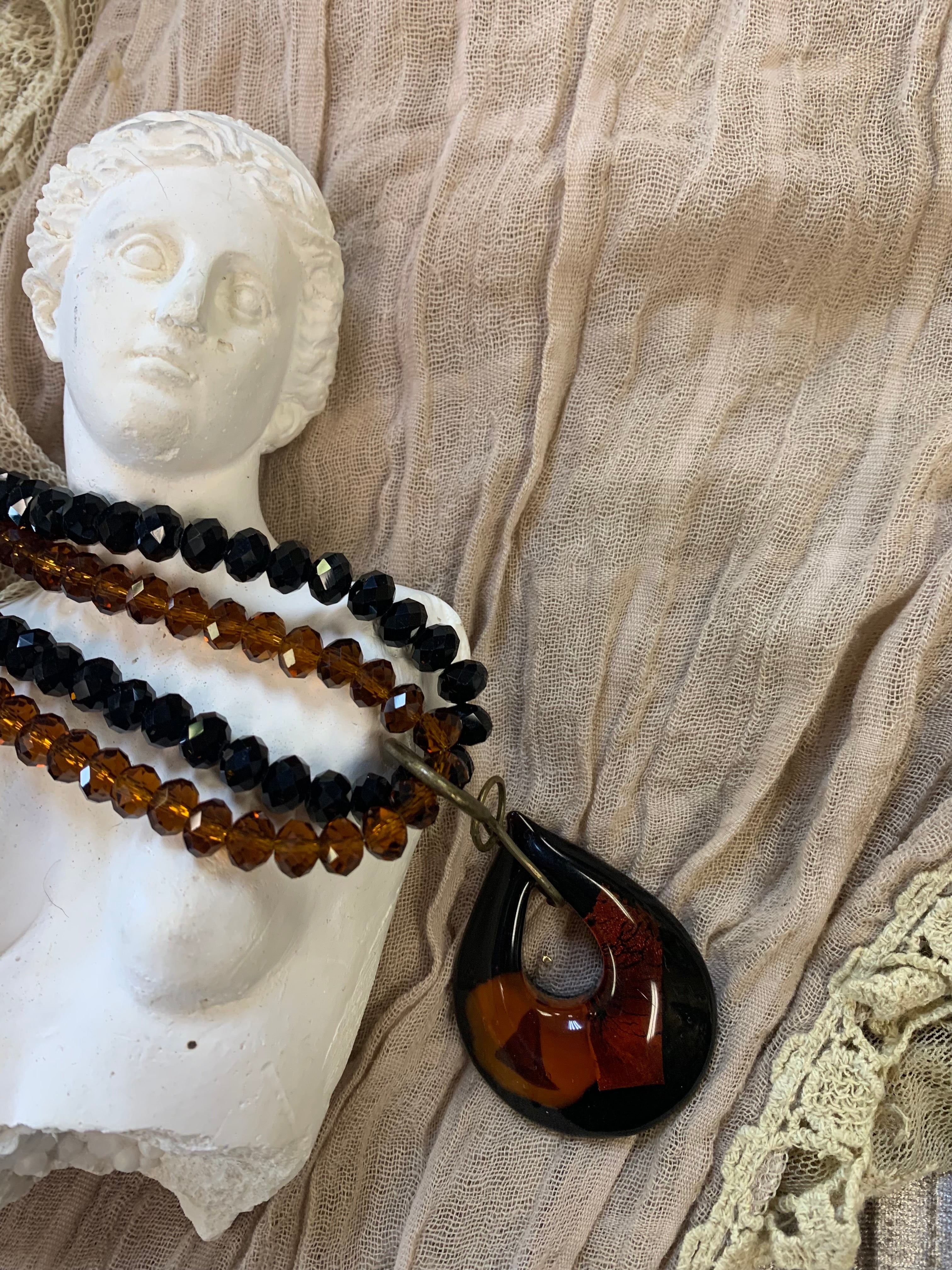Italian Amber and Black Murano Glass Teardrop Pendant Necklace