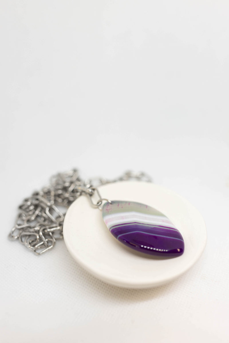 Silver Purple and Green Gemstone Pendant Long Chain Necklace