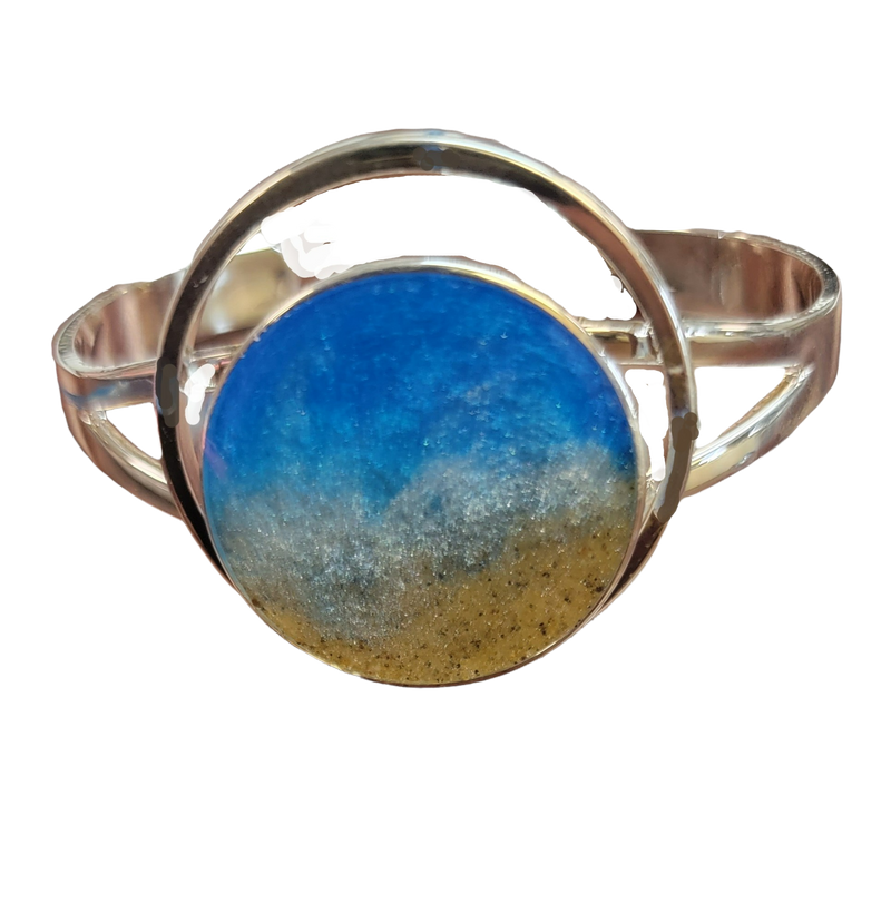 Sterling Silver Plated Cuff Bracelet with Real Sand and Ocean Waves of Resin