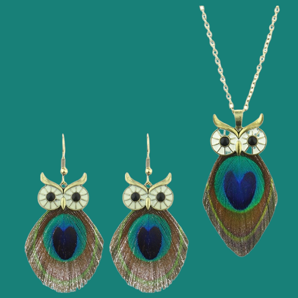 Boho Peacock Feather Owl Necklace and Earrings Set | Unique Gift