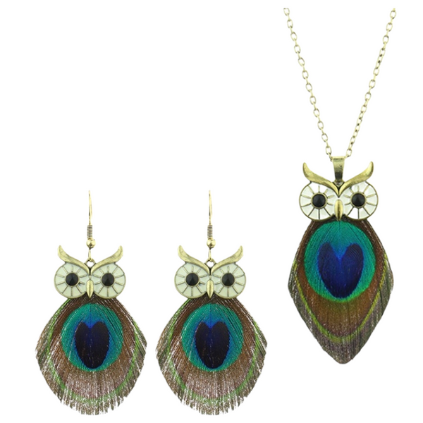 Boho Peacock Feather Owl Necklace and Earrings Set | Unique Gift