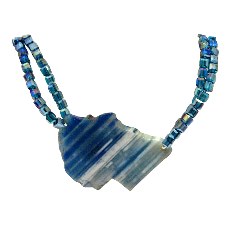 One of a Kind Blue Brazilian Striped Agate Pendant Necklace with Deep Aqua Crystals