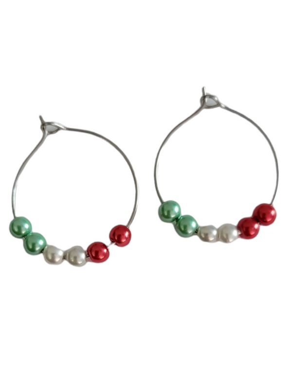 Christmas Pearl Hoop Earrings - Red, Green, & White Holiday Jewelry