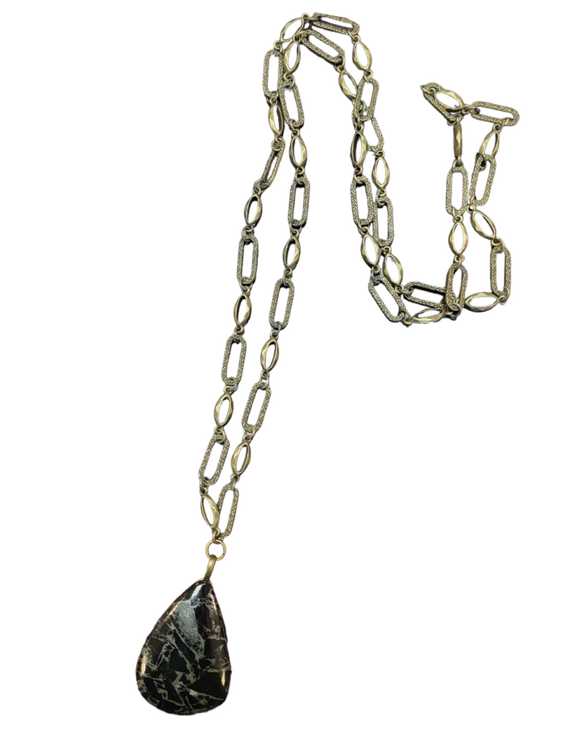 Pyrite Healing Gemstone Long Black Gold Necklace