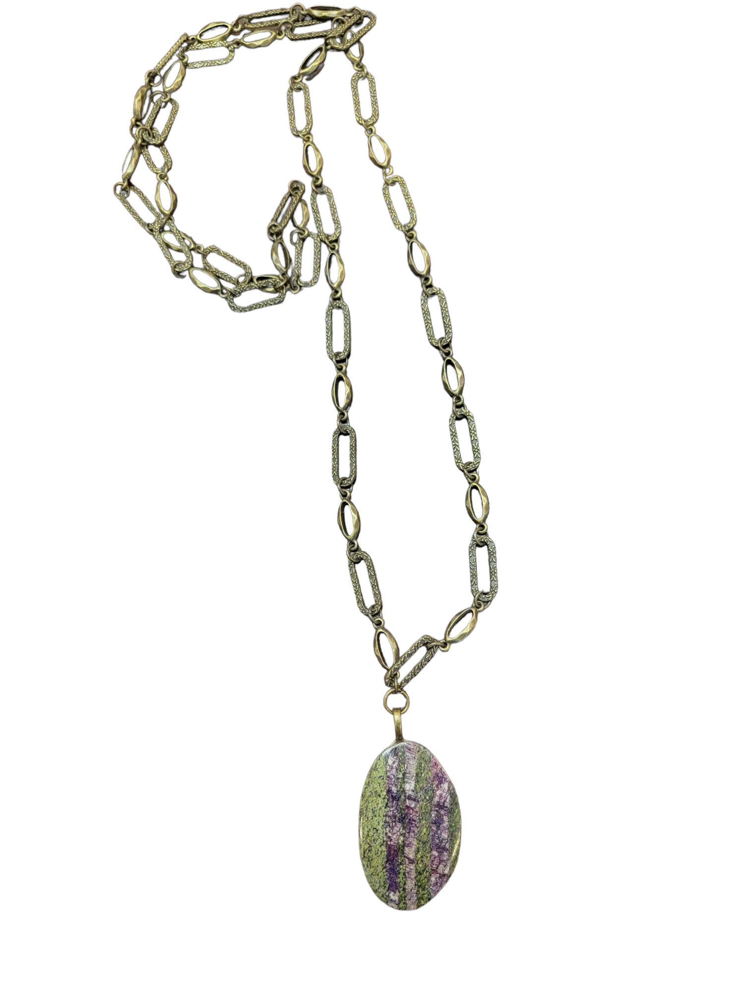Azurite Gemstone Long Chain Necklace - Green & Purple Pendant