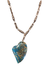 Blue and Brown Heart Pendant Long Necklace on Copper Chain