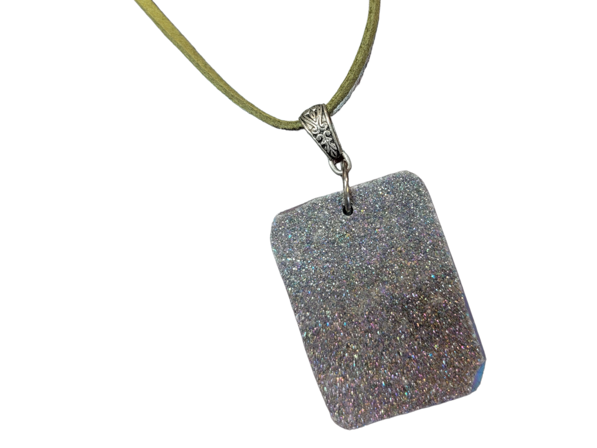 Elegant Purple Agate Druzy Pendant on Olive Suede Cord