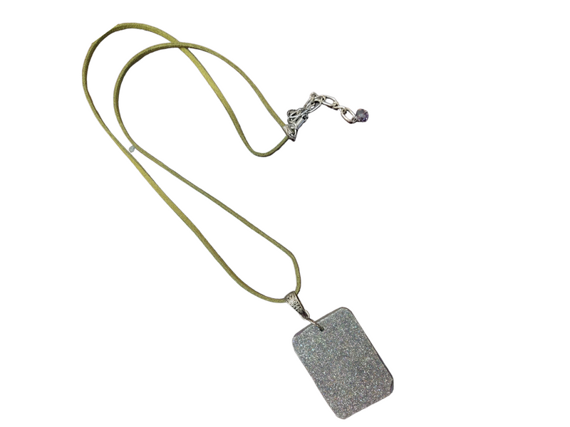 Rectangle Purple Agate Druzy Electroplated Pendant Long Necklace on Olive Suede