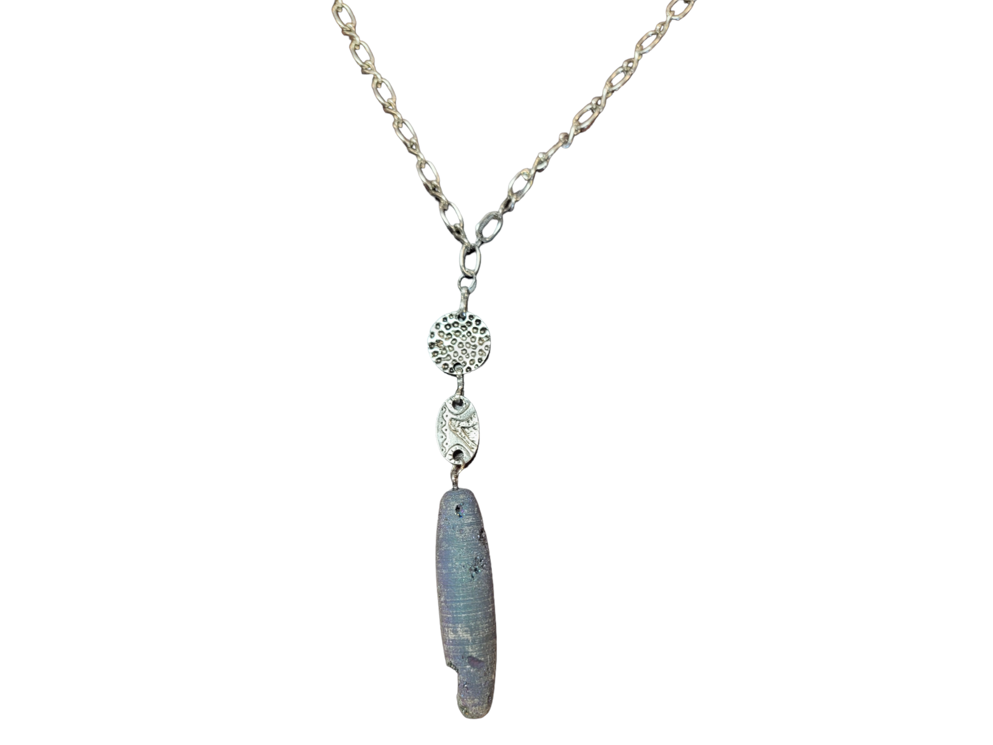 Michelle Marie's Long Blue and Purple Plated Agate Pendant Necklace on Silver Chain