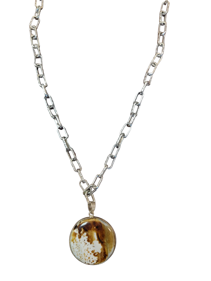 Brown and White Cow Print Round Agate Long Necklace on Silver Chain