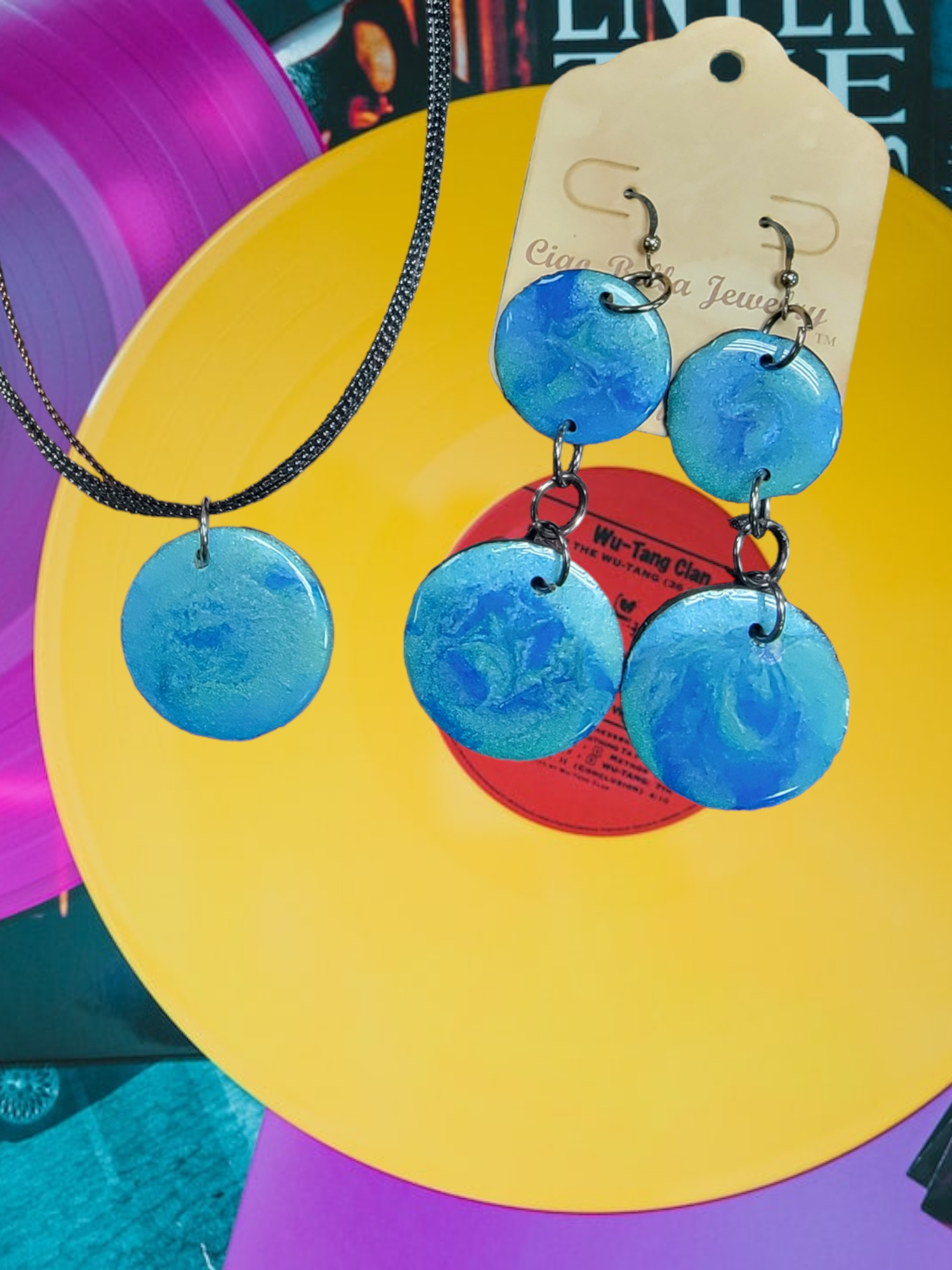Upcycled Vinyl Record Resin Jewelry Set (Earrings & Necklace)