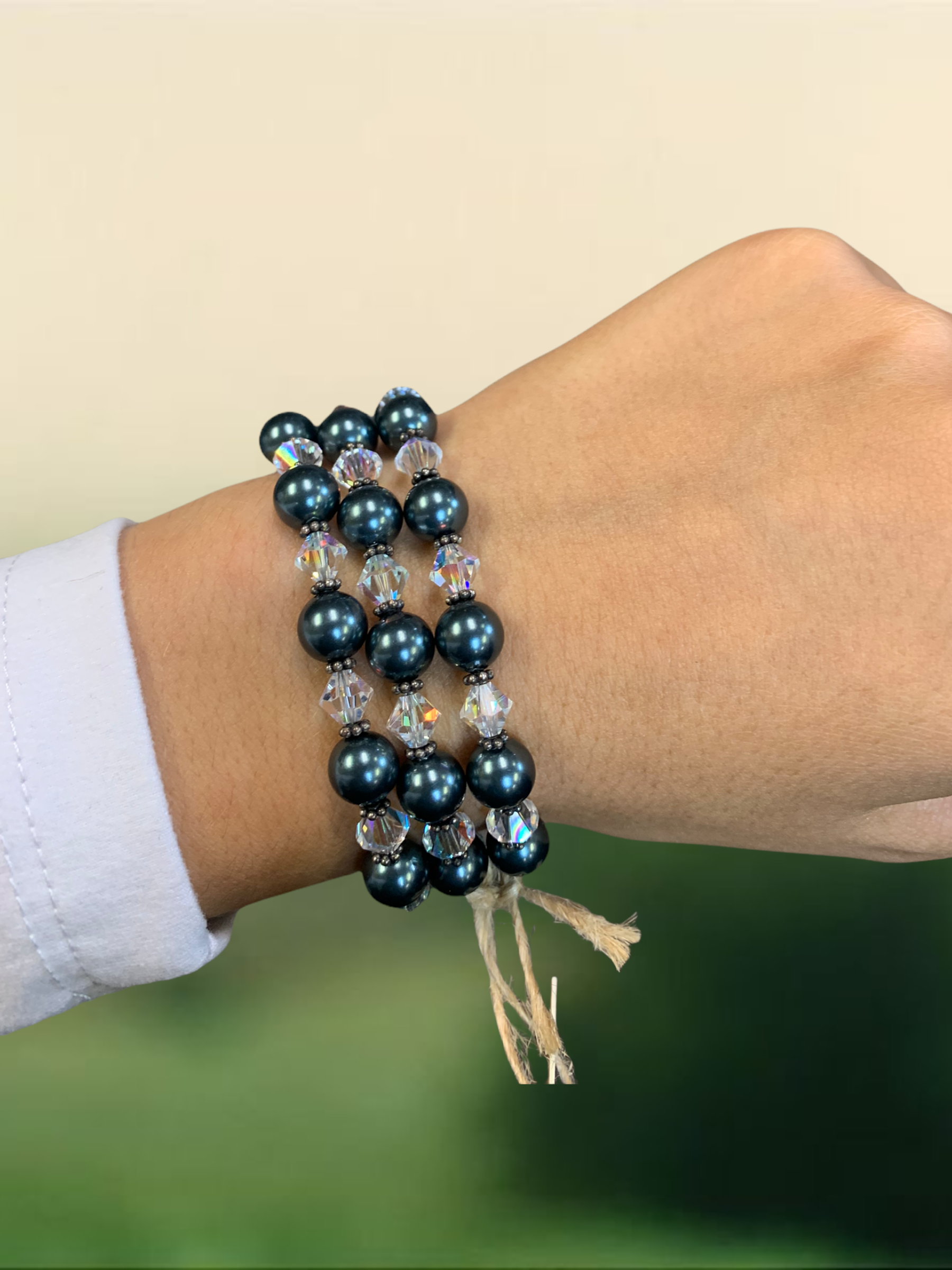 Black Pearl & Crystal Bracelet - Elegant, Formal, Sterling Silver