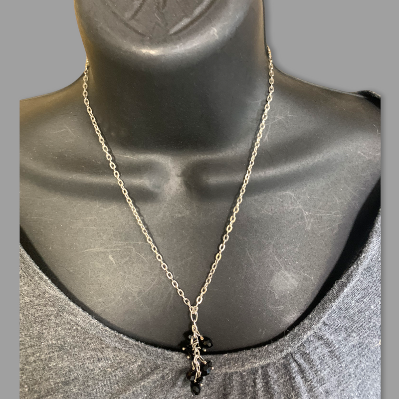Black Teardrop Cluster Necklace on Silver Chain