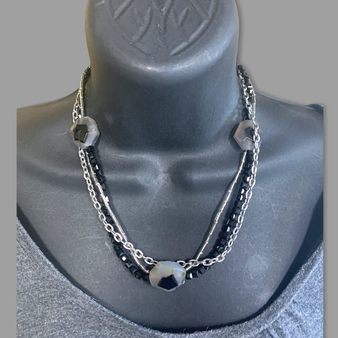 Handmade Black & Silver Agate Crystal Multi-Strand Statement Necklace - Michelle Marie Boutique