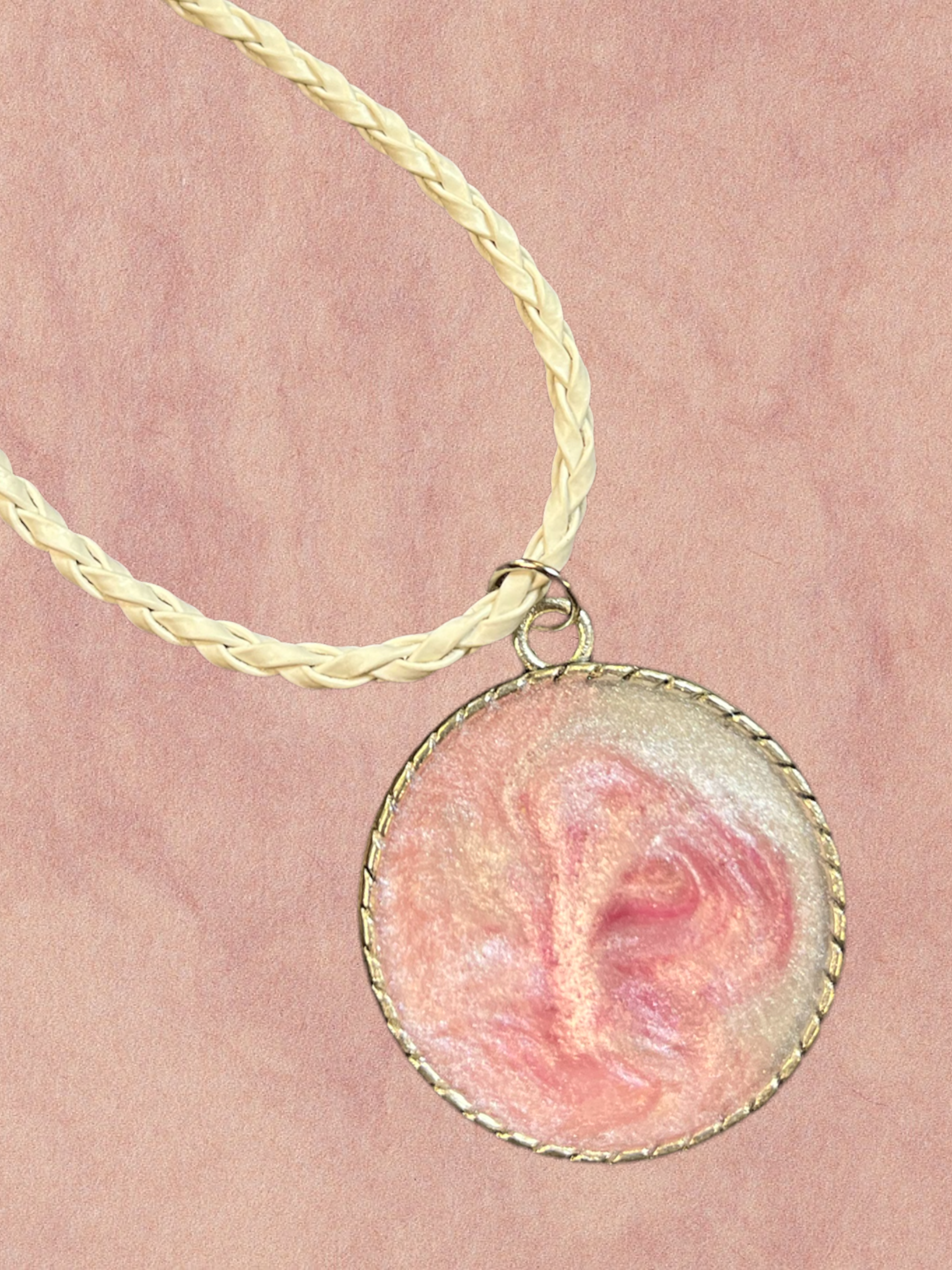 Breast Cancer Awareness Pendant On A White Leather Cord