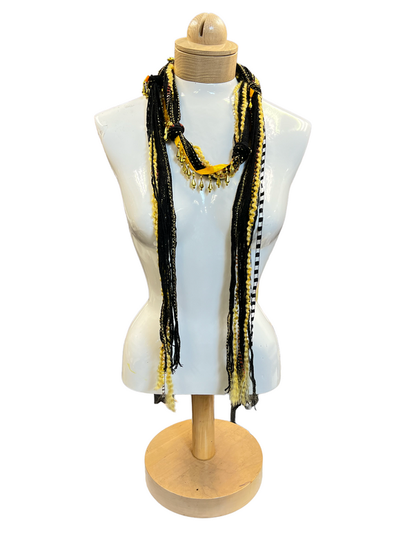 Boho Beaded Lightweight Mohair Scarf Necklace- Black and Gold