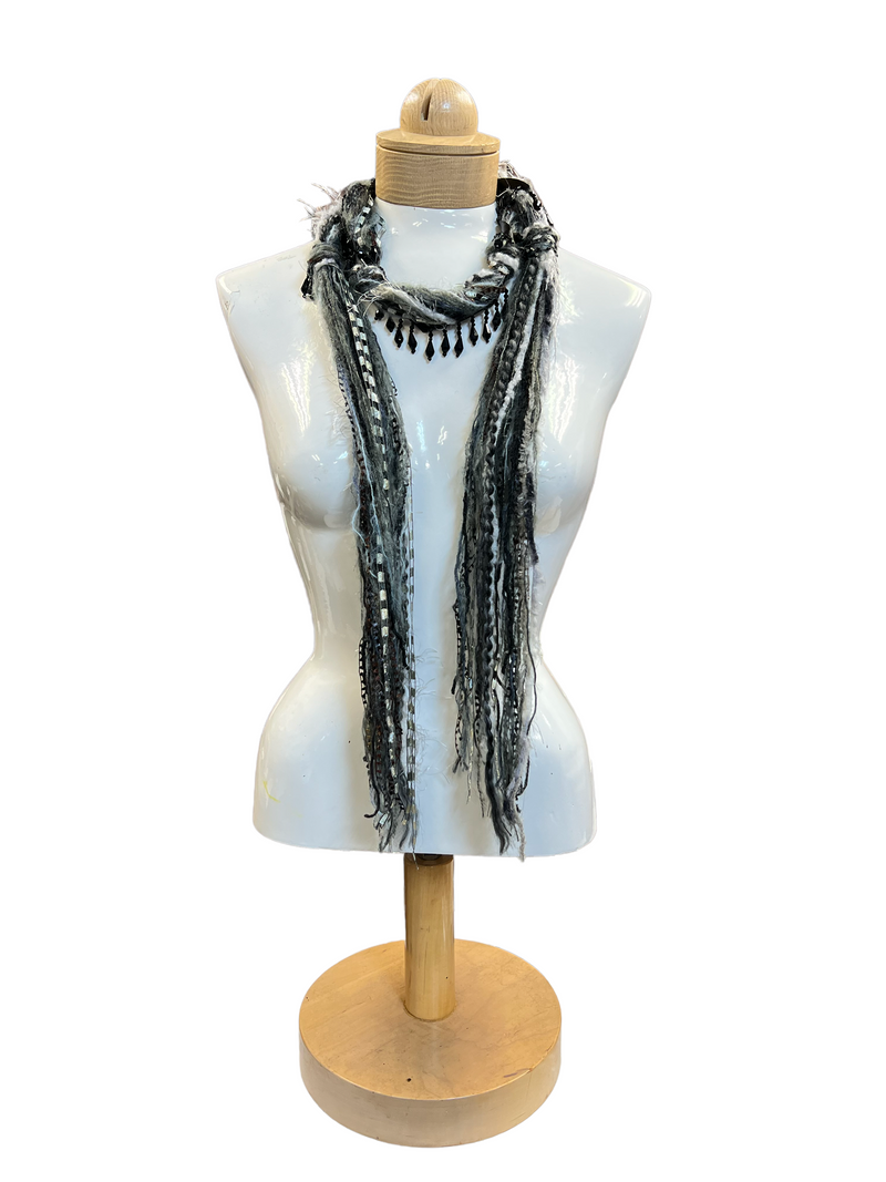 Boho Beaded Lightweight Mohair Scarf Necklace - Black, White and Gray