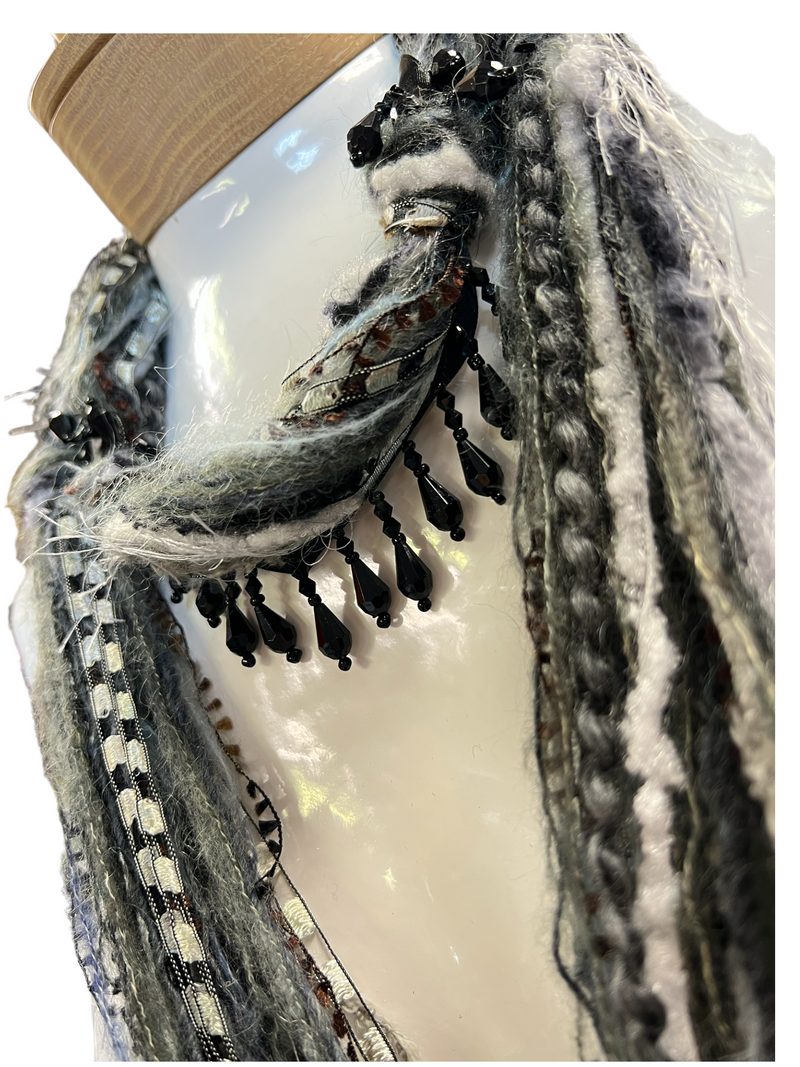 Boho Beaded Lightweight Mohair Scarf Necklace - Black, White and Gray