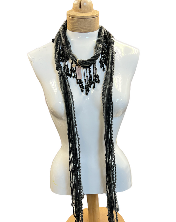 Boho Beaded Lightweight Mohair Scarf Necklace - Black and  Gray
