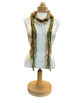 Boho Beaded Lightweight Mohair Scarf Necklace - Burnt Orange and Green