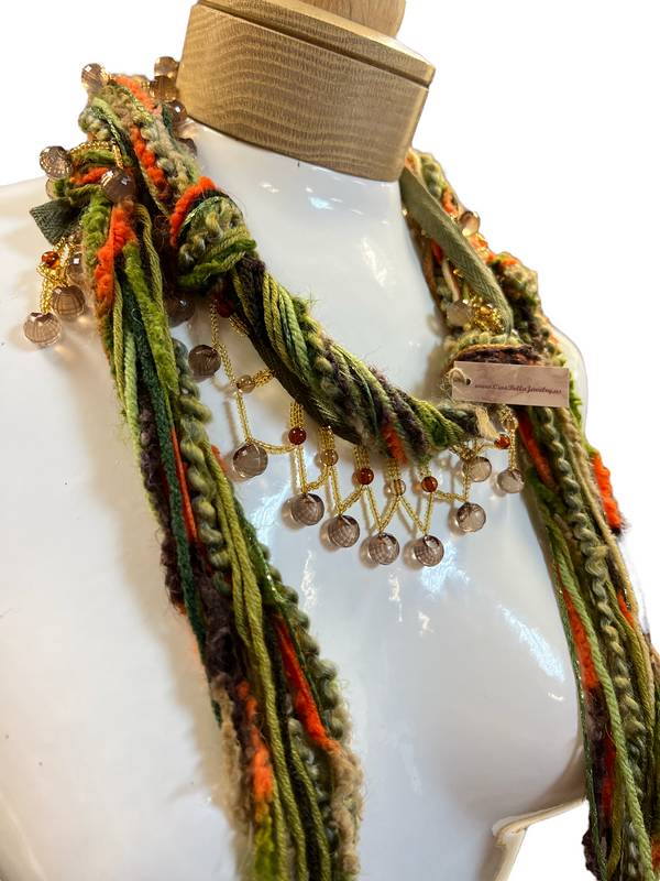 Boho Beaded Lightweight Mohair Scarf Necklace - Burnt Orange and Green