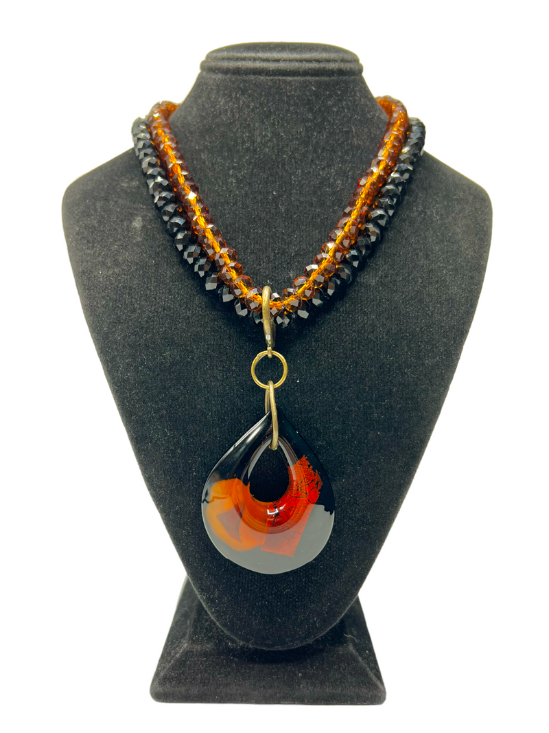 Italian Amber and Black Murano Glass Teardrop Pendant Necklace