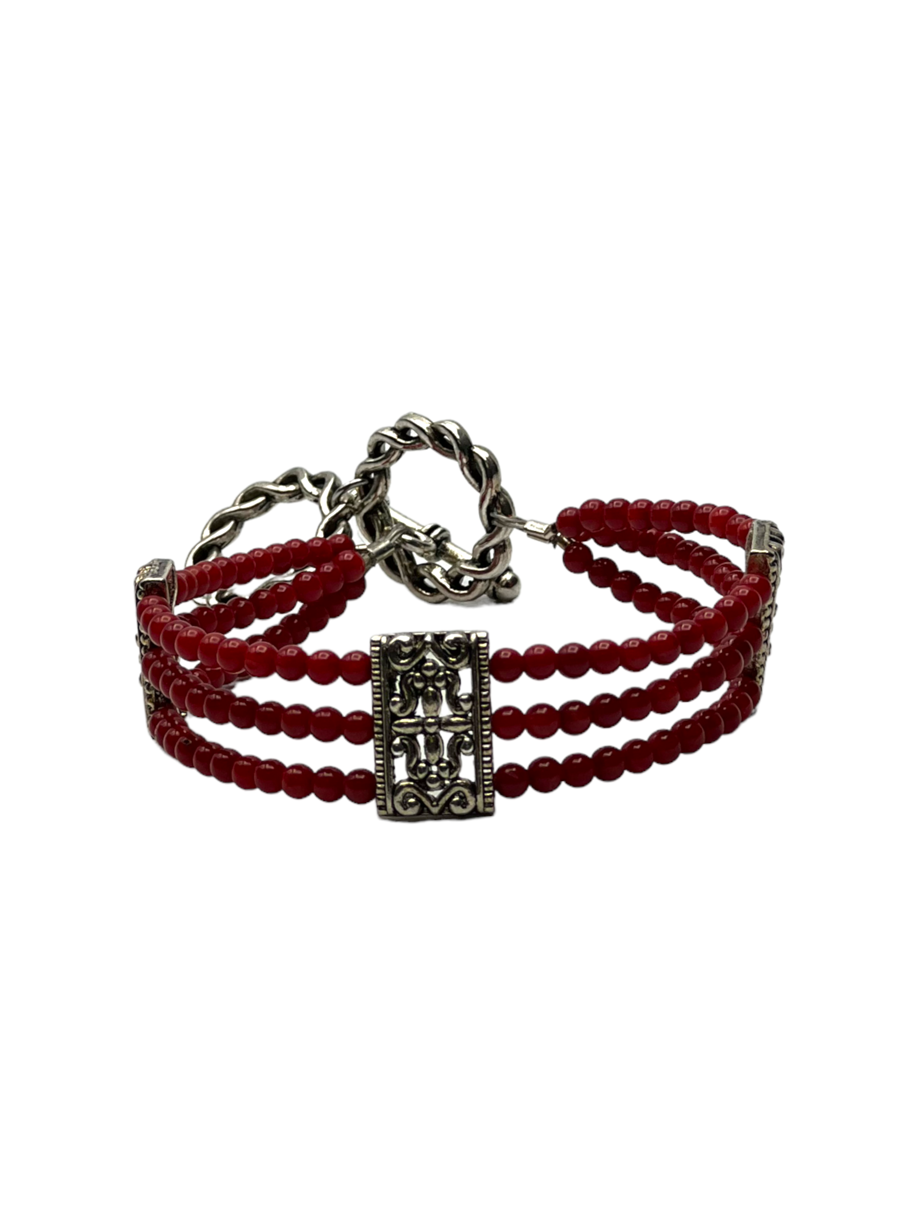 Dazzling Red Jasper Triple Strand Bracelet with Filigree Accents