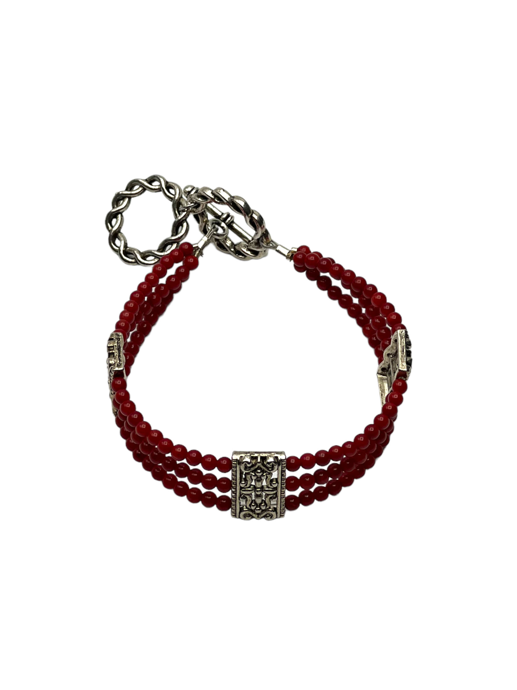 Dazzling Red Jasper Triple Strand Bracelet with Filigree Accents