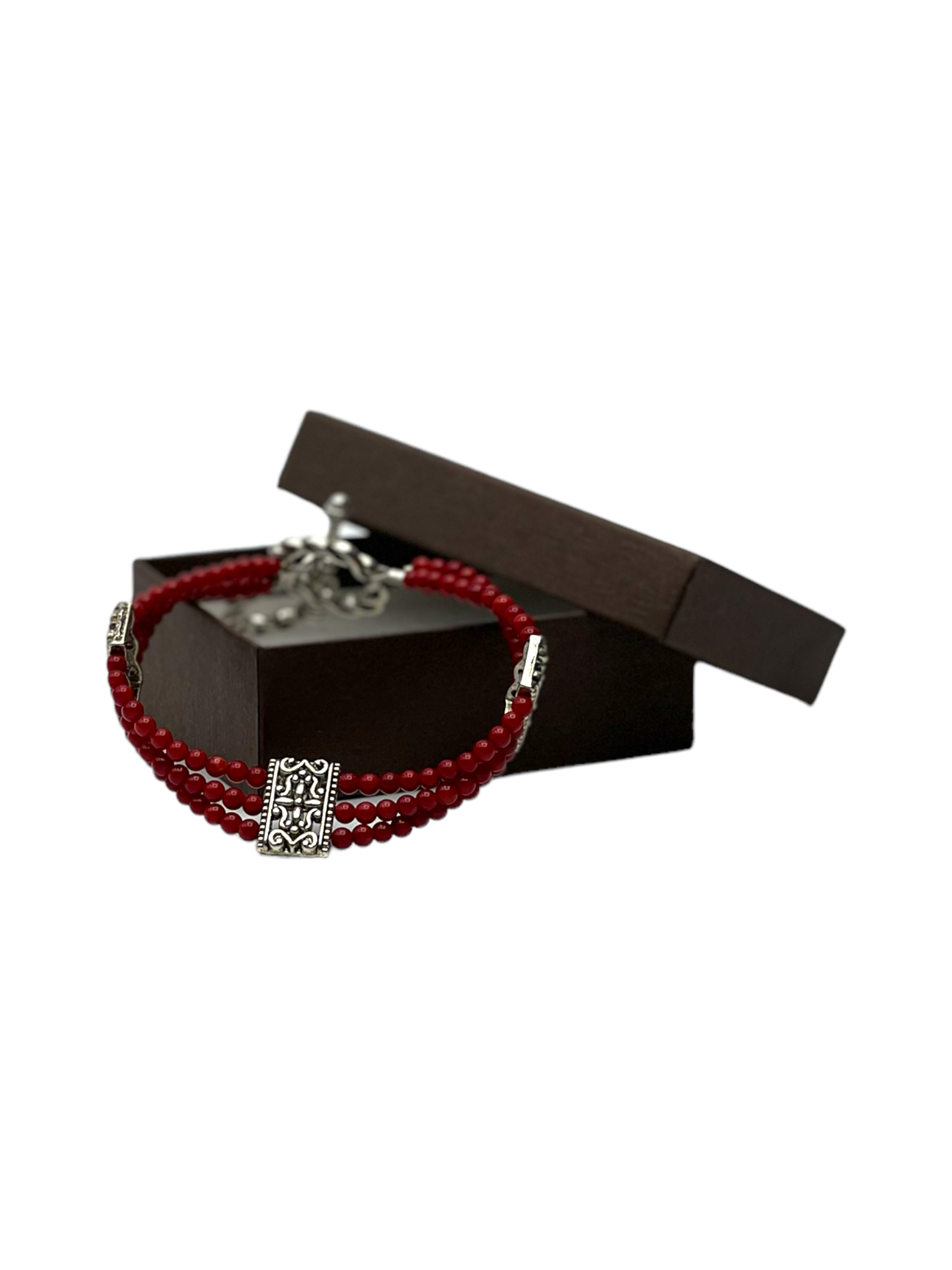 Dazzling Red Jasper Triple Strand Bracelet with Filigree Accents