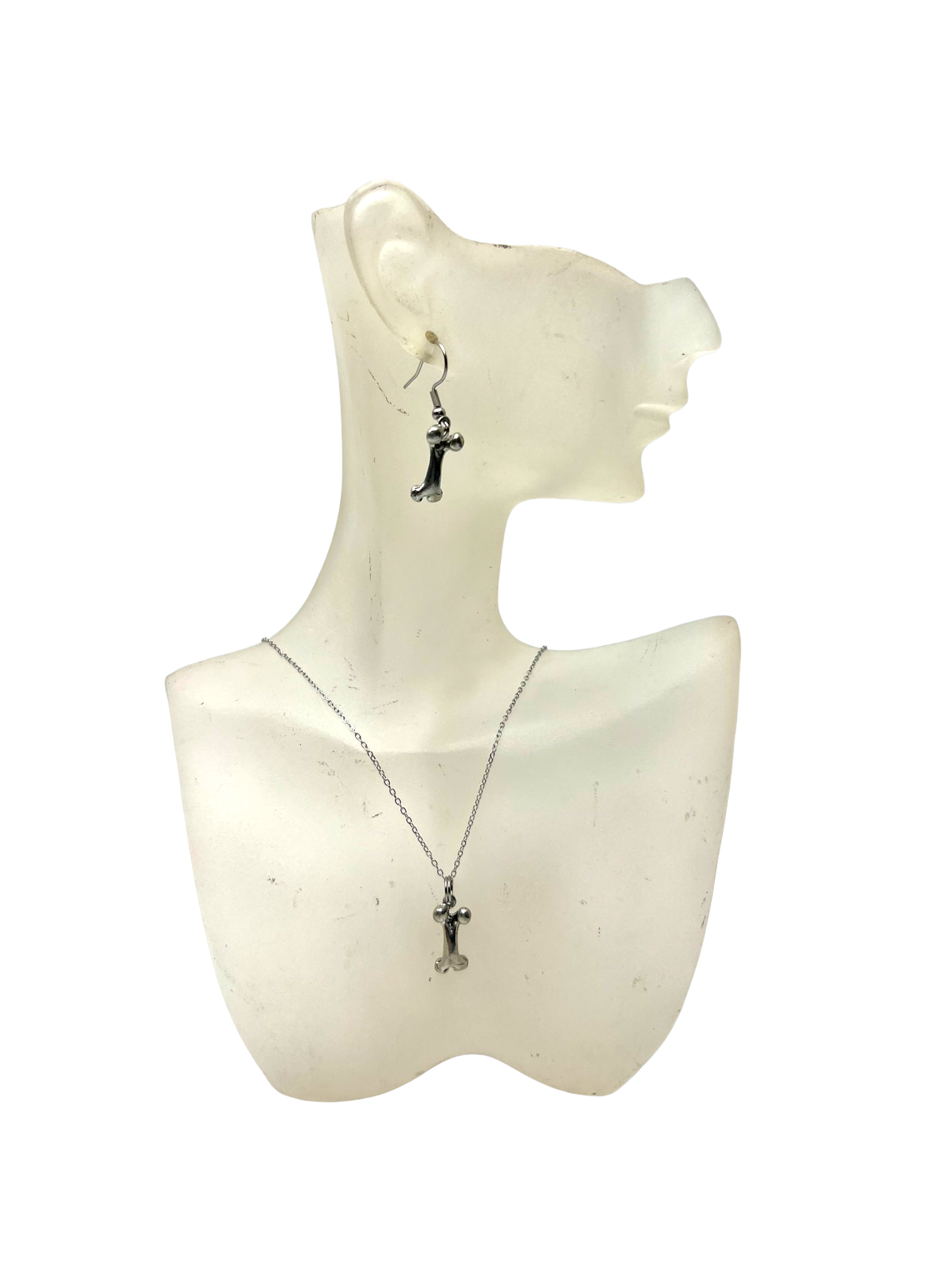 Silver Bone Necklace and Earrings Set