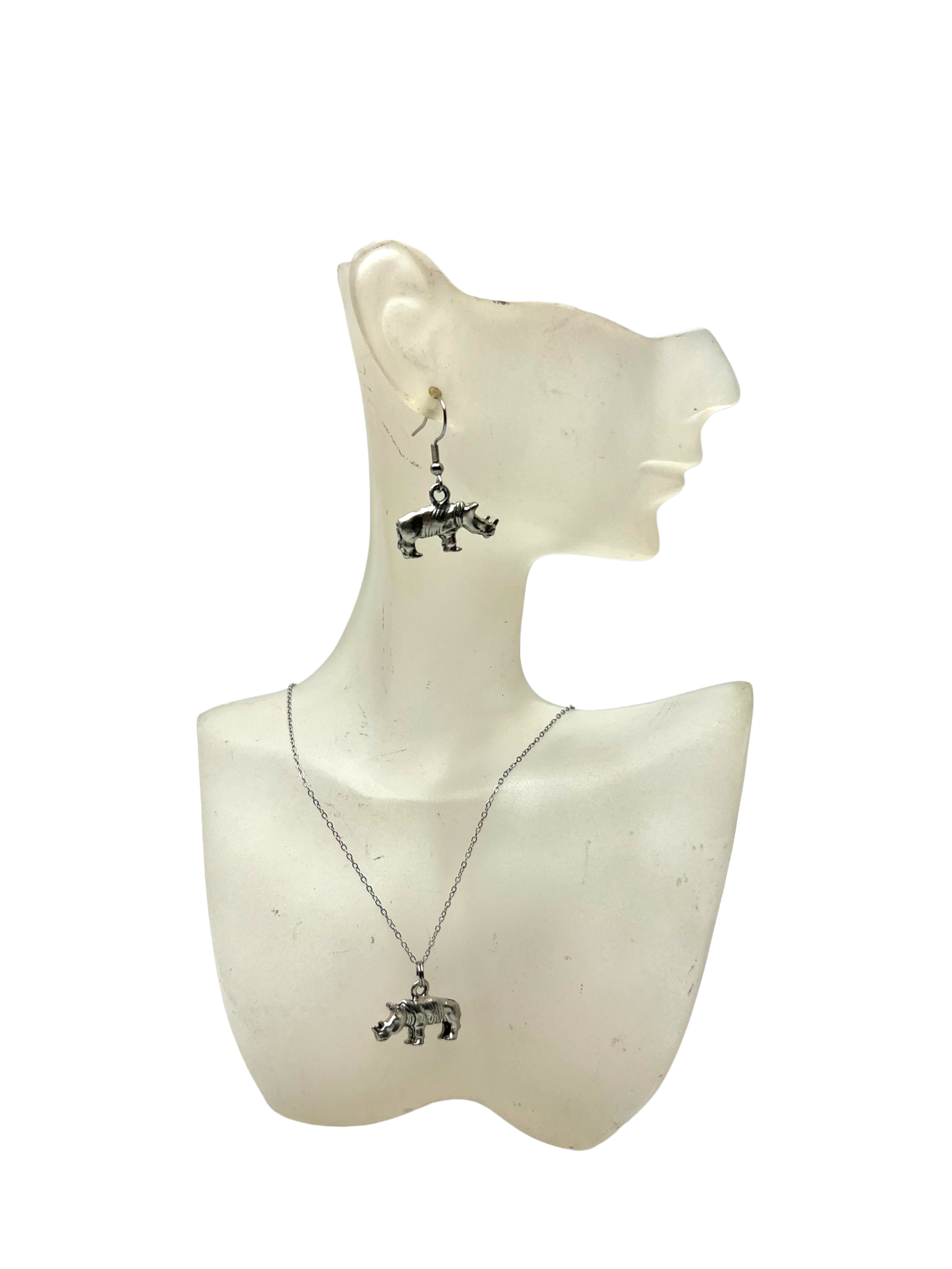 Pewter Rhinoceros Necklace and Earring Set