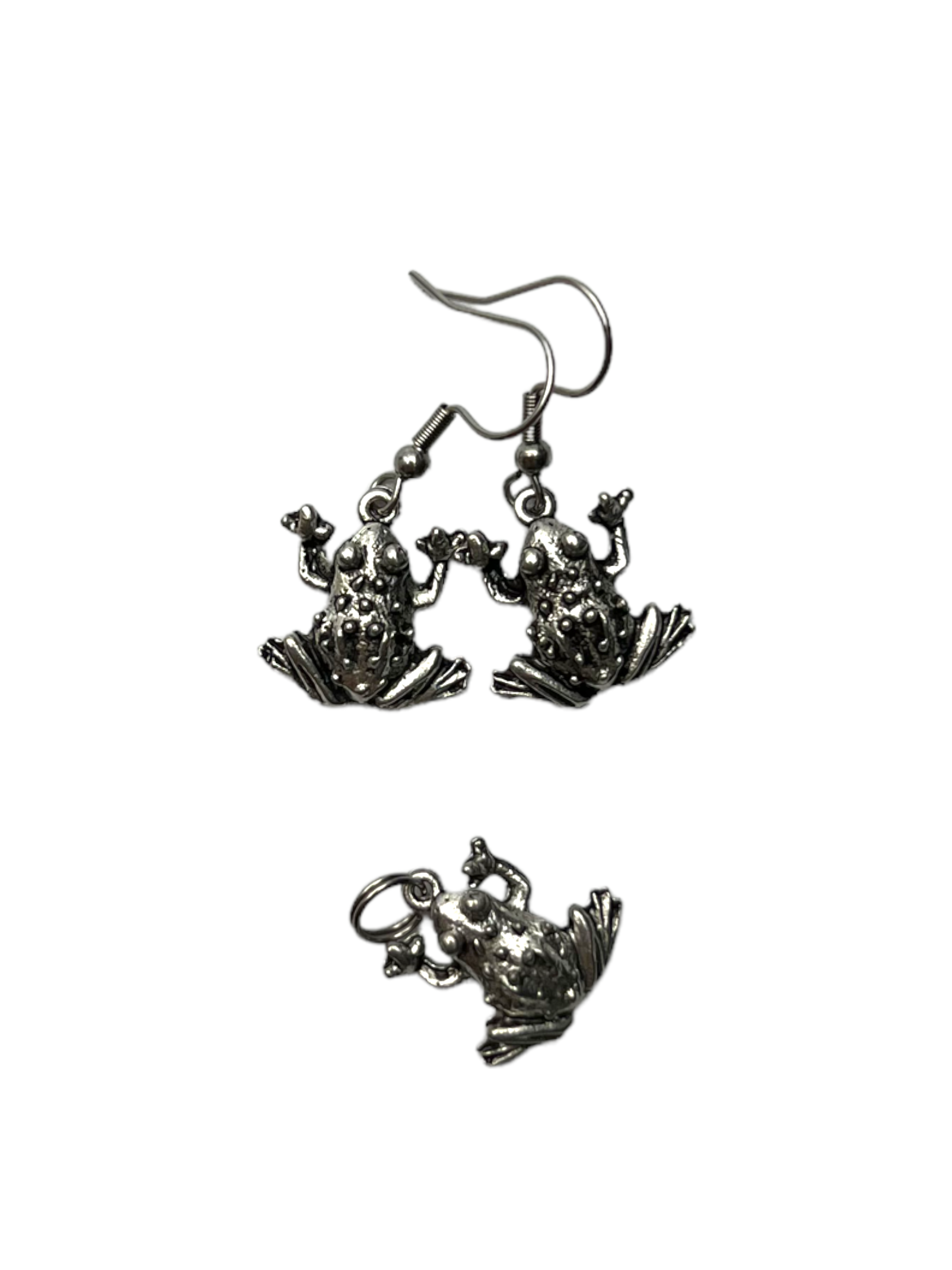 Charming Pewter Frog Necklace and Earring Set