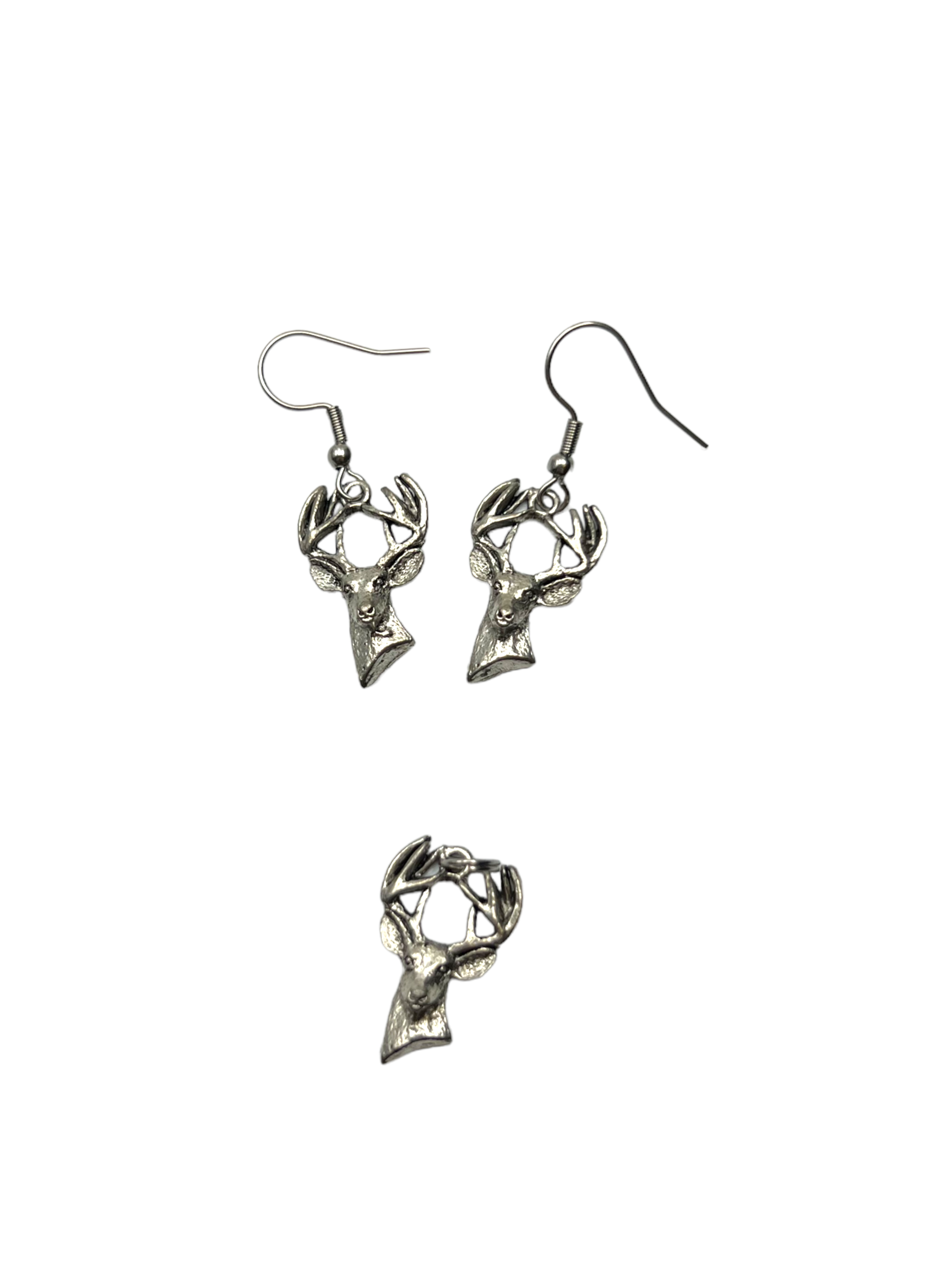 Pewter Buck Charm Earrings and Necklace Set: A Rustic and Natural Statement Piece