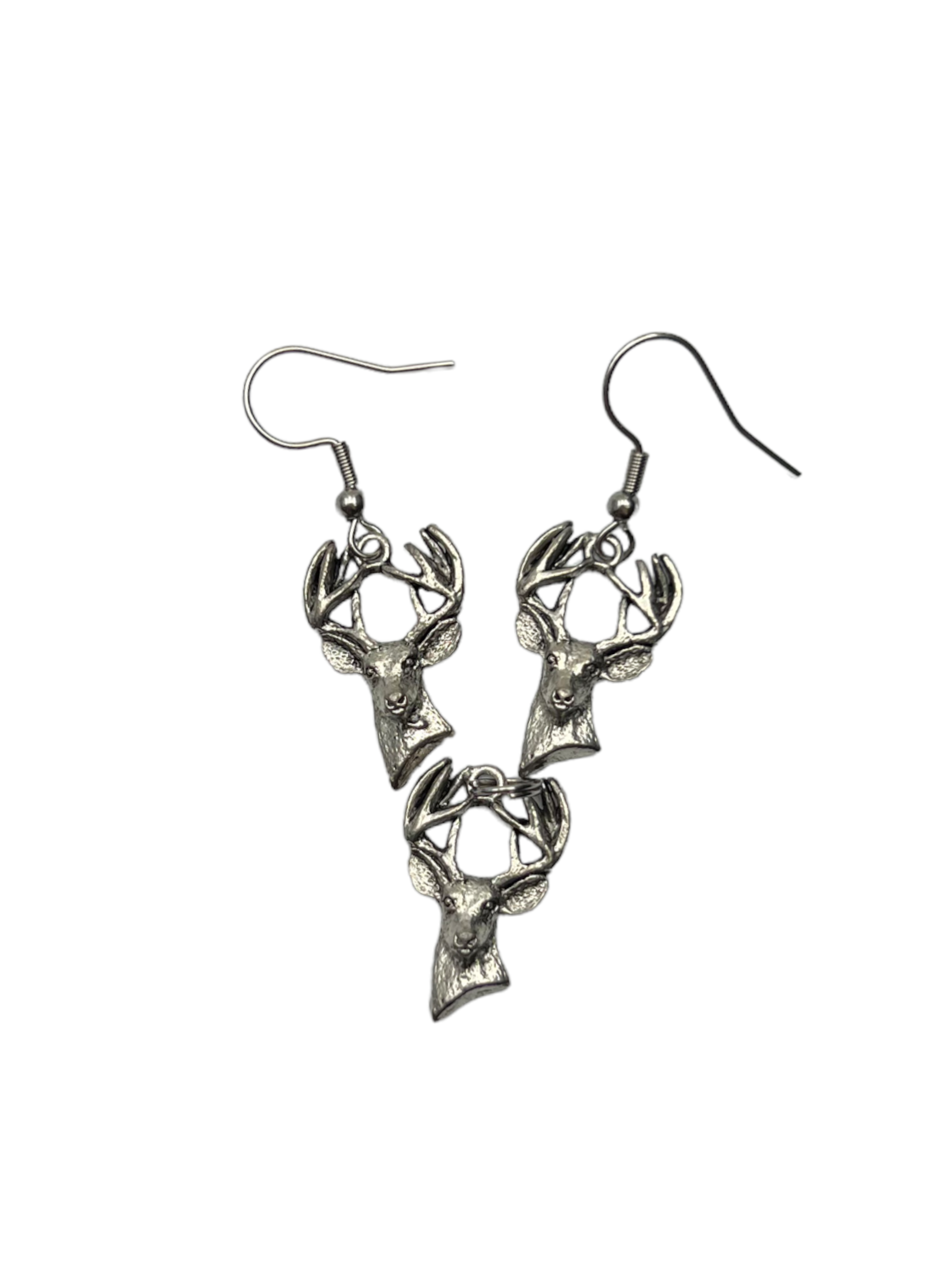Pewter Buck Charm Earrings and Necklace Set: A Rustic and Natural Statement Piece
