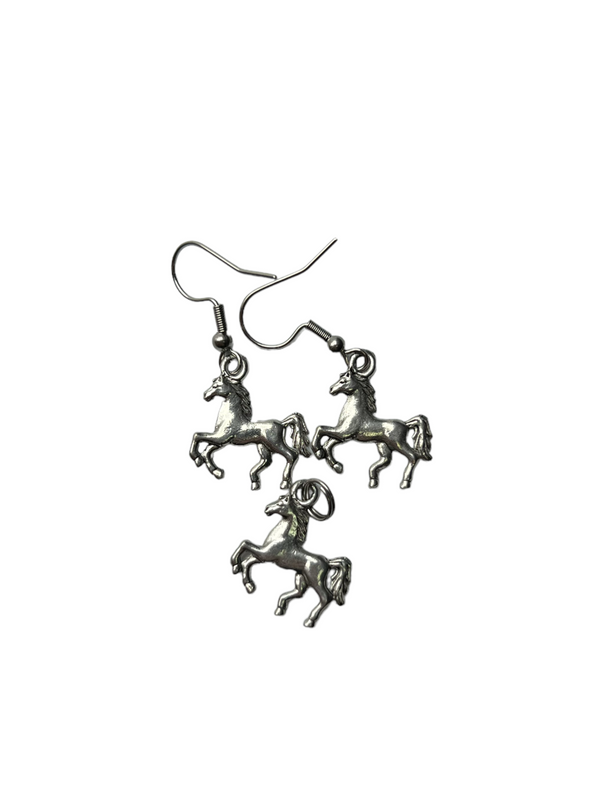 Silver Horse Charm Necklace Earrings Set