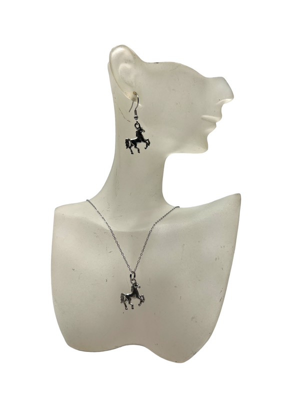 Silver Horse Charm Necklace Earrings Set