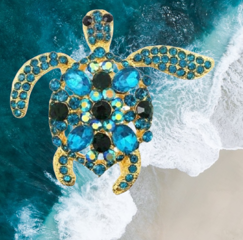 Colorful Aqua and Green Large Sea Turtle Brooch Pin