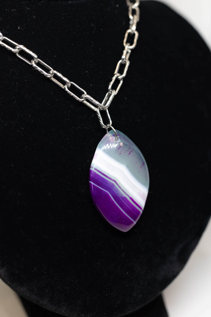 Silver Purple and Green Gemstone Pendant Long Chain Necklace