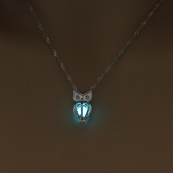 Owl Pendant Necklace Blue Glow in the Dark