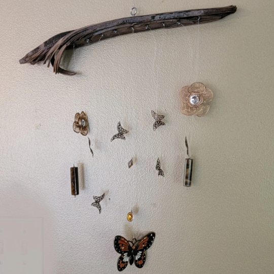 Driftwood Wall Art with Flowers Butterflies and Tiger Eye