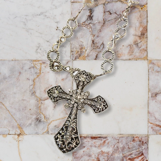 Long Crystal Embellished Cross Pendant Necklace (Alloy Metal, Gift Box)