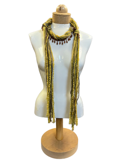 Boho Beaded Lightweight Mohair Scarf Necklace - Pale Yellow, Brown with Beads