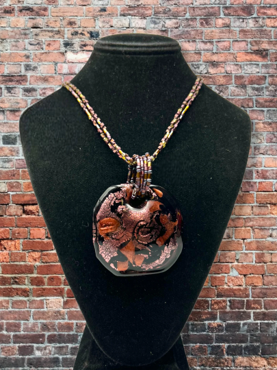 Vibrant Pink, Red, and Black Square Murano Glass Pendant Necklace