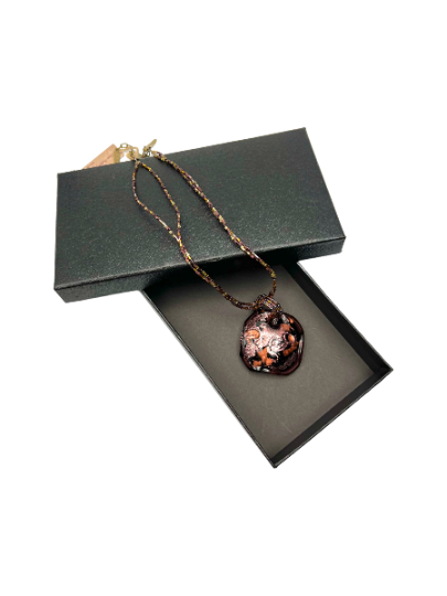 Vibrant Pink, Red, and Black Square Murano Glass Pendant Necklace