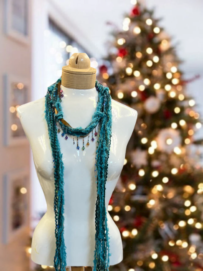 Boho Beaded Lightweight Mohair Scarf Necklace - Turquoise and Aqua